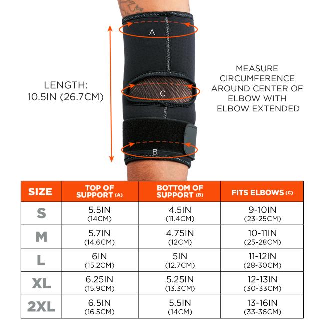 Size chart. Small (S): Top of Support 5.5IN (14CM), Bottom of Support 4.5IN (11.4CM), Fits Elbows 9-10IN (23-25CM). Medium (M): Top of Support 5.7IN (14.6CM), Bottom of Support 4.75IN (12CM), Fits Elbows 10-11IN (25-28CM). Large (L): Top of Support 6IN (15.2CM), Bottom of Support 5IN (12.7CM), Fits Elbows 11-12IN (28-30CM). Extra Large (XL): Top of Support 6.25IN (15.9CM), Bottom of Support 5.25IN (13.3CM), Fits Elbows 12-13IN (30-33CM). 2X Large (2XL): Top of Support 6.5IN (16.5CM), Bottom of Support 5.5IN