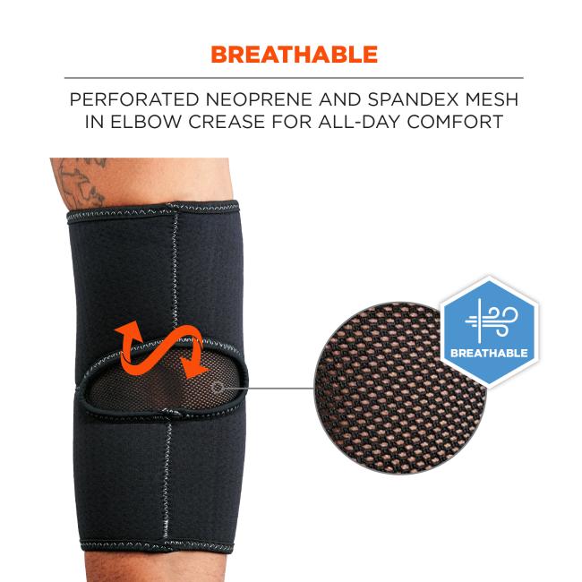 Breathable: perforated neoprene and spandex mesh in elbow crease for all-day comfort