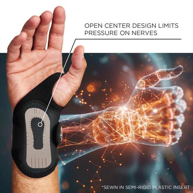 Open center design limits pressure on nerves. Semi-rigid plastic insert is sewn-in