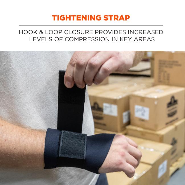 Tightening strap: hook and loop closure provides increased levels of compression in key areas