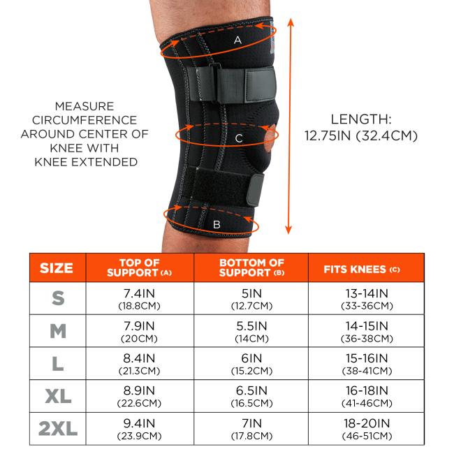 Size chart. Small (S): Top of Support 7.4IN (18.8CM), Bottom of Support 5IN (12.7CM), Fits Knees 13-14IN (33-36CM). Medium (M): Top of Support 7.9IN (20CM), Bottom of Support 5.5IN (14CM), Fits Knees 14-15IN (36-38CM). Large (L): Top of Support 8.4IN (21.3CM), Bottom of Support 6IN (15.2CM), Fits Knees 15-16IN (38-41CM). Extra Large (XL): Top of Support 8.9IN (22.6CM), Bottom of Support 6.5IN (16.5CM), Fits Knees 16-18IN (41-46CM). 2X Large (2XL): Top of Support 9.4IN (23.9CM), Bottom of Support 7IN (17.8CM