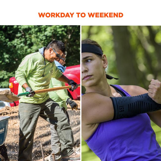 Workday to weekend. Worker on construction site holding shovel and jogger wearing elbow compression sleeve