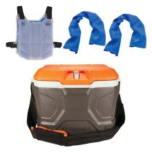 Heat stress prevention kit containing a cooler, phase change cooling ice vest and two cooling towels