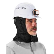 3q view of a model wearing a black cotton winter hard hat liner under a hard hat