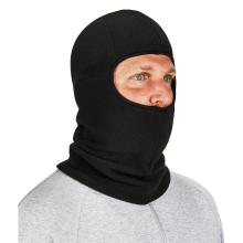 3q view of model wearing a black zippered balaclava face mask