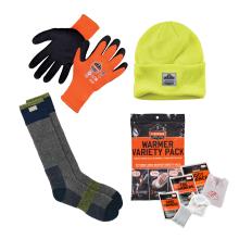 Gloves, freezer socks, warmer variety pack, and rib knit beanie all make up the winter warming kit