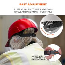 Easy adjustment: suspension pivots up and down to clear bandanas and ponytails. Ratchet with large tabs for size adjustments