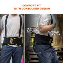 Comfort fit with contoured design: elastic material. Back height of support: 7.5 inches or 19cm, front height of support: 5.5 inches or 14cm