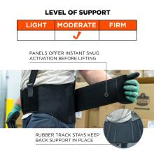 Moderate level of support: panels offer instant snug activation before lifting, rubber track stays keep back support in place