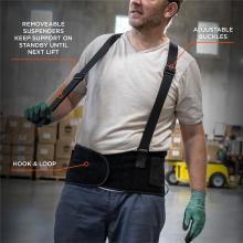 Removeable suspenders keep support on standby until next lift, adjustable buckles, hook and loop