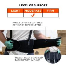 Moderate level of support: panels offer instant snug activation before lifting. Rubber track stays keep back support in place