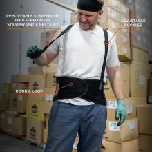 Removeable suspenders keep support on standby until next lift, adjustable buckles, hook and loop