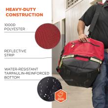 Heavy-duty construction: 1000D polyester, reflective strap, and water-resistant tarpaulin-reinforced bottom