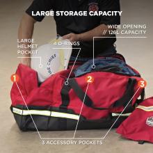 Large storage capacity: large helmet pocket, 4 d-rings, wide opening with 126L capacity and 3 accessory pockets