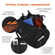 Optimal storage and organization: 1 interior mesh pocket, large zippered opening, 2 interior slotted pockets, 2 exterior zippered pockets