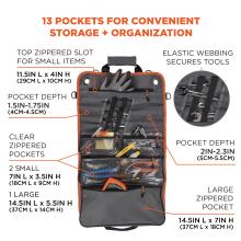 13 pockets for convenient storage and organization: Top zippered slot for small items, elastic webbing secures tools, clear zippered pockets (2 small and 1 large) and a large bottom zippered pocket