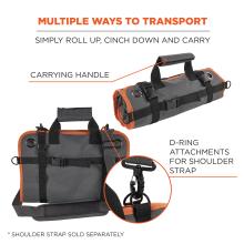 Multiple ways to transport: simply roll up cinch down and carry. Carrying handle, d-ring attachments for shoulder strap. Shoulder strap not included