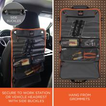 Side buckles: secure to work station or vehicle headrest with side buckles. Hang from grommets