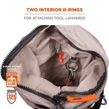 Two interior d-rings: for attaching tool lanyards. D-ring weight rating: 10lbs/4.5 kg. ANSI/ISEA 121 rated