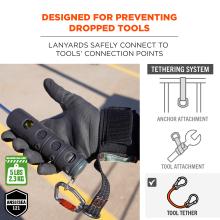 Designed for preventing dropped tools. lanyards safely connect to tools' connection points. ANSI/ISEA 121 compliant. Maximum load limit of 5 lbs or 2.3 kg. Tool tether