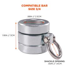 Compatible bar size: 3-quarters of an inch. Diameter of .98 inches or 2.5 cm. Height of 1.18 inches or 3cm. Shackle opening of .55 inch or 1.4 cm