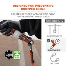 Designed for preventing dropped tools. Creates retrofit attachment point for tethering hand tools. ANSI/ISEA 121 compliant. Maximum load limit of 5 lbs or 2.3 kg. Tool attachment