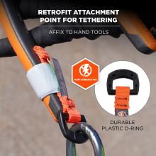 Retrofit attachment point for tethering: affix to hand tools. Durable D-ring