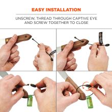 Easy installation: unscrew, thread through captive eye and screw together to close