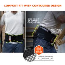 Comfort fit with contoured design: contoured v-shaped design for moving and sitting. Back height of support: 9.9 inches or 25.1cm, front height of support: 5.5 inches or 14cm. Moisture-wicking polyester mesh allows airflow