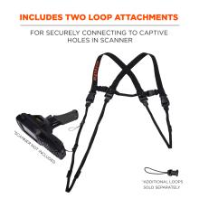 Includes two loop attachments: for securely connecting to captive holes in scanner. Image shows scanner attached to harness and says Ò*scanner not includedÓ and Ò*additional loops sold separatelyÓ