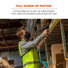 Full range of motion: attachments slide up and down for arm extension and ease of use. Image shows worker using scanner and sling.