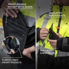 Front double pocket with snaps. Fleece lined front pockets. Insulated pen pockets. Insulated chest pocket