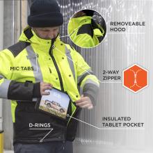 Removeable hood. 2-way zipper. Insulated tablet pocket. Mic tabs. D-rings