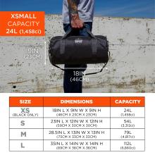 Size chart. Extra Small (XS) is available in black only: Dimensions 18IN L x 9IN W x 9IN H (46CM x 23CM x 23CM), Capacity 24L (1,458CI). Small (S): Dimensions 23IN L x 12IN W x 12IN H (59CM x 30CM x 30CM), Capacity 54L (3,312CI). Medium (M): Dimensions 28.5IN L x 13IN W x 13IN H (73CM x 33CM x 33CM), Capacity 79L (4,817CI). Large (L): Dimensions 35IN L x 14IN W x 14IN H (89CM x 36CM x 36CM), Capacity 112L (6,860CI).