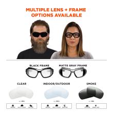 Multiple lens and frame options available: frames come in black or matte gray color. Lenses: clear: 95% VLT worn indoors, hazy/cloudy or low light conditions. Blue: 17% VLT worn outdoors, bright light or glare conditions. Indoor/outdoor: 50% VLT worn indoors, hazy/cloudy or nighttime conditions. Smoke: 16% VLT worn outdoors or in bright light conditions
