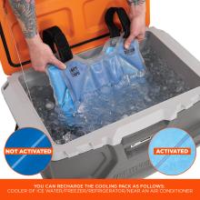 To recharge the cooling pack, submerge it in a cooler of ice water, place it in a freezer or refrigerator, or keep it near an air conditioner.