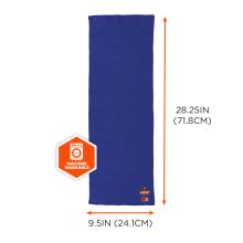 The dimensions of the fire-resistant cooling towel are 28.25 inches (71.8 cm) in length and 9.5 inches (24.1 cm) in width. It is machine washable.