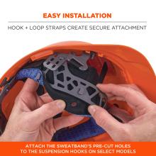 The sweatband features easy installation using hook-and-loop straps for secure attachment. Pre-cut holes allow it to connect with suspension hooks on select helmet models.