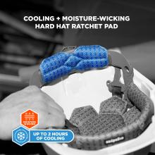 The cooling and moisture-wicking hard hat ratchet pad provides up to 2 hours of cooling, enhancing user comfort and functionality.