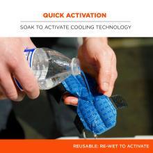 Quick activation is enabled by soaking the pad to activate its cooling technology, which is reusable and can be re-wet to reactivate.