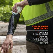 The cooling arm sleeves can be worn wet or dry. When worn wet, they provide instant cooling. When worn dry, they wick moisture away for cooling comfort.