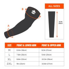 The sleeves measure 16.9 inches (43 cm) in length and come in various sizes: Medium (M): Lower Arm 6.4 inches (16 cm), Upper Arm 8.2 inches (21 cm). Large (L): Lower Arm 7.8 inches (20 cm), Upper Arm 9.4 inches (24 cm). Extra Large (XL): Lower Arm 8.6 inches (22 cm), Upper Arm 10.2 inches (26 cm). 2X Large (2XL): Lower Arm 9 inches (23 cm), Upper Arm 10.6 inches (27 cm).