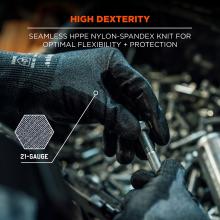 High dexterity: Seamless HPPE nylon-spandex knit for optimal flexibility and protection. 21-gauge.