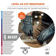 Level A6 cut resistance: For safe handling of sharp materials. ANSI A6 Cut. ANSI/ISEA 105-2016. EN388 3X42E.