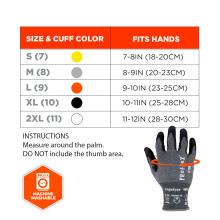 Size & Cuff Color: S (7): Fits hands 7-8IN (18-20CM), yellow cuff. M (8): Fits hands 8-9IN (20-23CM), gray cuff. L (9): Fits hands 9-10IN (23-25CM), orange cuff. XL (10): Fits hands 10-11IN (25-28CM), black cuff. 2XL (11): Fits hands 11-12IN (28-30CM), white cuff. Instructions: Measure around the palm. Do not include the thumb area. Machine washable.