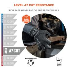 Level A7 cut resistance: For safe handling of sharp materials. ANSI A7 Cut. ANSI/ISEA 105-2016. EN388 4X42 F. Abrasion resistant.