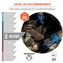 Level A5 cut resistance: For safe handling of sharp materials. ANSI A5 Cut. ANSI/ISEA 105-2016. EN388 4X42 D. Abrasion resistant