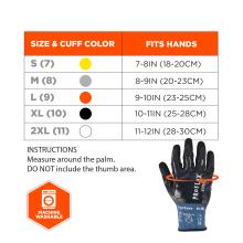 Size & Cuff Color: S (7): Fits hands 7-8IN (18-20CM), yellow cuff. M (8): Fits hands 8-9IN (20-23CM), gray cuff. L (9): Fits hands 9-10IN (23-25CM), orange cuff. XL (10): Fits hands 10-11IN (25-28CM), black cuff. 2XL (11): Fits hands 11-12IN (28-30CM), white cuff. Instructions: Measure around the palm. Do not include the thumb area. Machine washable."