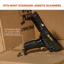 Fits most standard jobsite scanners. Image shows scanner and says Òscanner needs at least one captive holeÓ