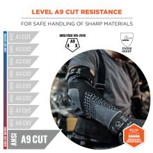 Level A9 cut resistance: For safe handling of sharp materials. ANSI A9 Cut. ANSI/ISEA 105-2016. EN388 4X4XF. Abrasion resistant.